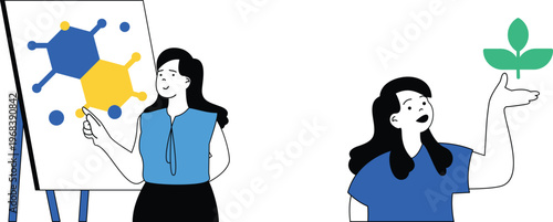 Two women discussing concepts of science and nature with visual aids and a plant symbolizing growth and health