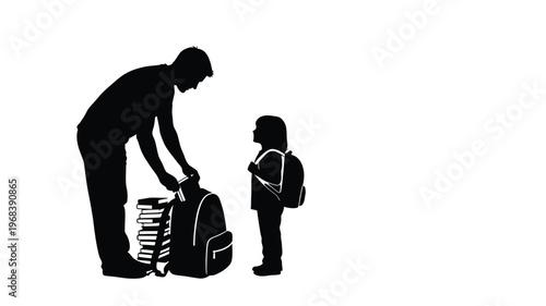 Father helping child with backpack before school a striking silhouette