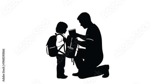 Father helping son with homework before school a dark silhouette