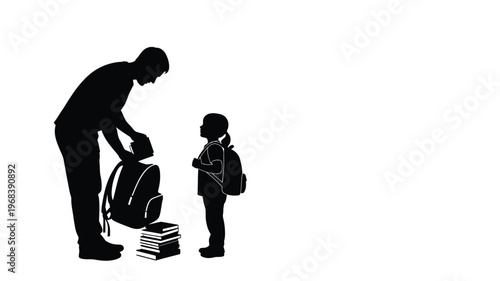 Father helping child with backpack and school books a striking silhouette