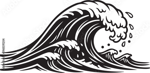 Dynamic ocean wave in vintage woodcut style for travel or surf themes.