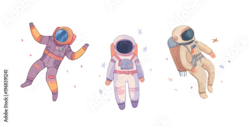 Three Astronauts Floating in Space with Stars Hand-Drawn Style Illustration