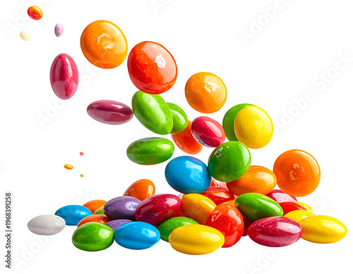 Brightly colored confectionery drops cascade and pile