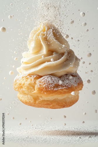 cream puff flying with custard filling, isolated on white background