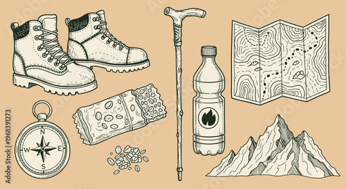 Hiking outline sketch vector illustration of boots, compass, snacks, and gear near mountains