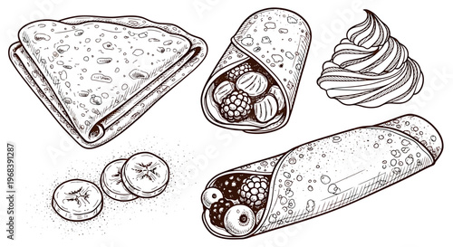 An outline sketch vector illustration of a crepe, burrito, and sushi rolls with bananas.