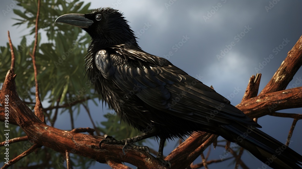 Fototapeta premium A glossy black raven perched on a gnarled branch under a cloudy blue sky