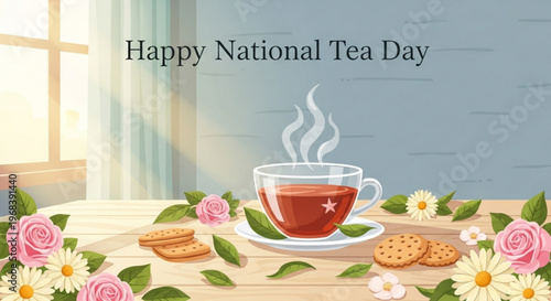 Steaming cup of tea with cookies and flowers on a table by a sunny window on national tea day
