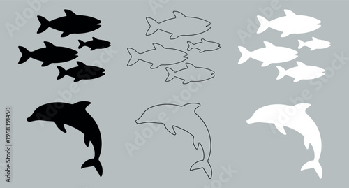 Minimalist dolphin and fish silhouette set, aquatic animal vector icons in black and white, marine life outline and solid shapes for logo design