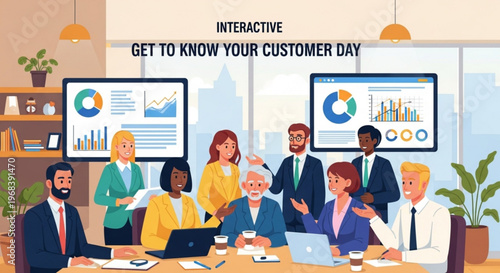 Business team collaborating on customer day with interactive graphs and presentations in modern office