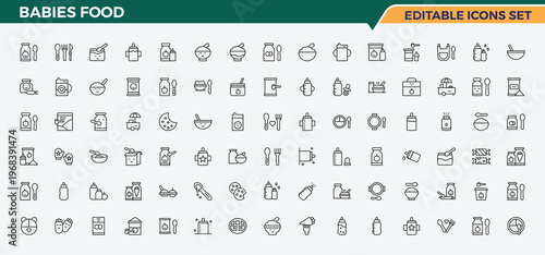 Babies Food line icon set. Minimal linear icons. Vector artwork and illustration. Babies Product icon. Featuring nutrition, milk, nourishment, child, baby, food and more.