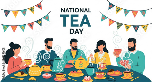 Friends celebrating national tea day with colorful decorations and tea party