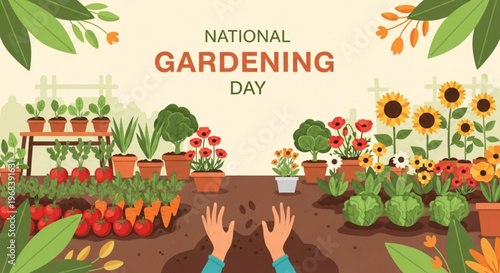 National gardening day illustration with hands planting seeds in a vibrant garden filled with flowers vegetables and potted plants on a sunny day