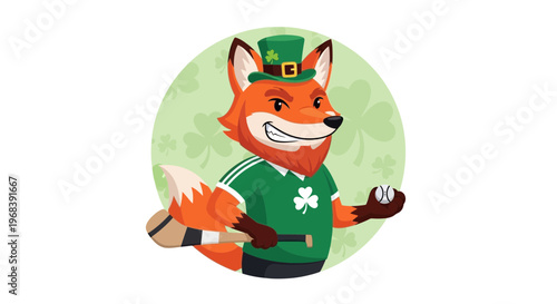 Lucky Fox Character with Hurling Stick and Ball, Irish Style