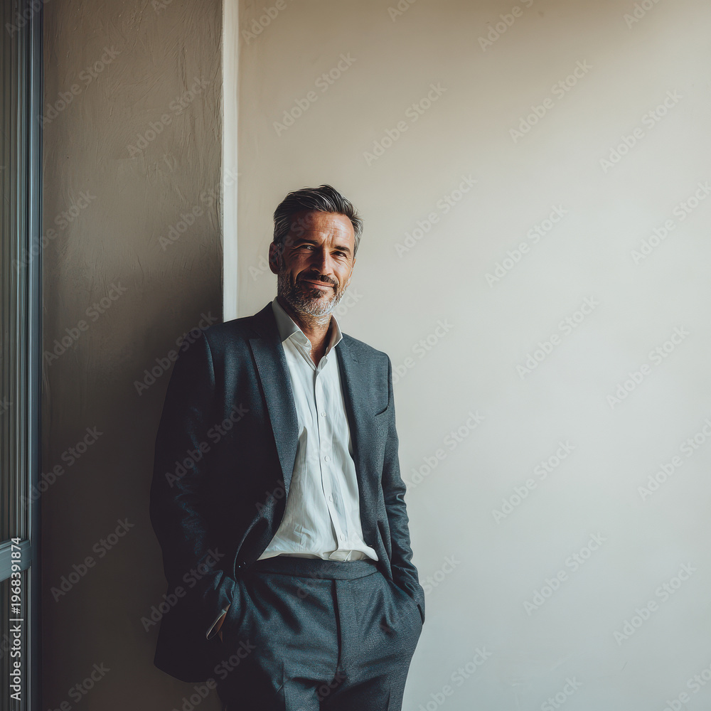 Fototapeta premium confident hereditary lawyer smiling warmly in professional office setting radiating competence