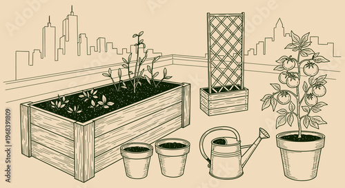 An outline sketch vector illustration of a raised garden bed with plants and pots in a city setting