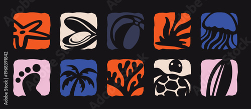 Beach Summer Vacation Marine Life Icon Tile Set in Boho Style, Bold Graphic Retro Vector Illustration for T-Shirt Prints, Posters, Patterns, Stickers, Banners, and Tropical Designs