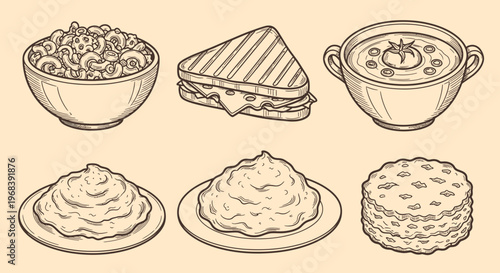 Vector illustration of outline sketch various food items on plates and bowls
