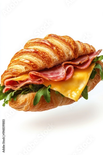 croissant sandwich flying with cheese and ham, isolated on white background