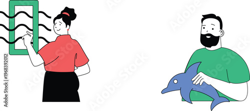 Woman pointing at a door while a man holds a smiling dolphin nearby in a cheerful scene