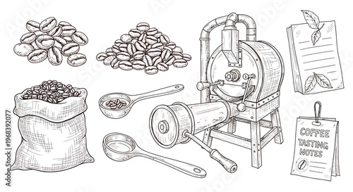 An outline sketch vector illustration of a coffee roasting machine with coffee beans and utensils on a rustic table indoors