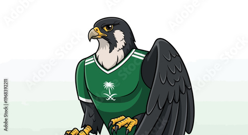 Saudi Arabia Falcon Mascot Wearing Green Football Jersey with Palm Tree Emblem