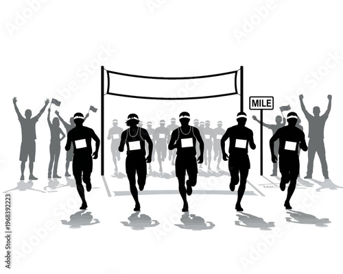 Athletes run vigorously in a competitive race, nearing the finish line with spectators cheering loudly.