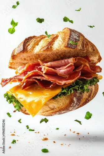 croissant sandwich flying with cheese and ham, isolated on white background