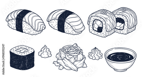 An outline sketch vector illustration of sushi rolls and ingredients on a plate