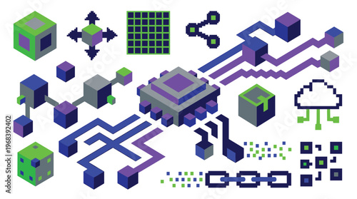 An intricate set of isometric pixel art icons representing blockchain technology, including data cubes and a central processor, is displayed on a clean background.