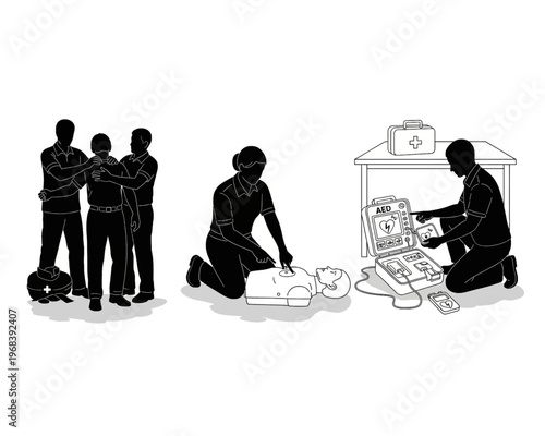 Essential first aid training demonstrating CPR, choking rescue, and automated external defibrillator usage for emergency preparedness.