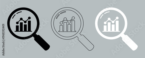 Data analysis magnifying glass icons, business statistics research vector set, financial market growth chart and analytics symbols in three styles