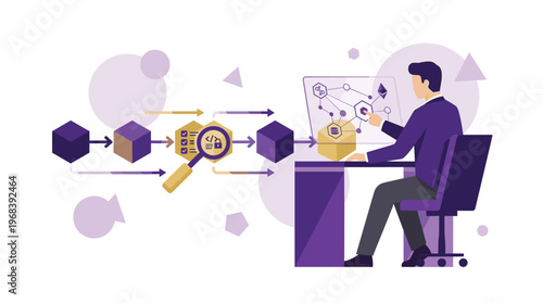 A focused developer meticulously interacts with a futuristic holographic interface, analyzing a complex blockchain smart contract workflow in a clean, abstract digital space.