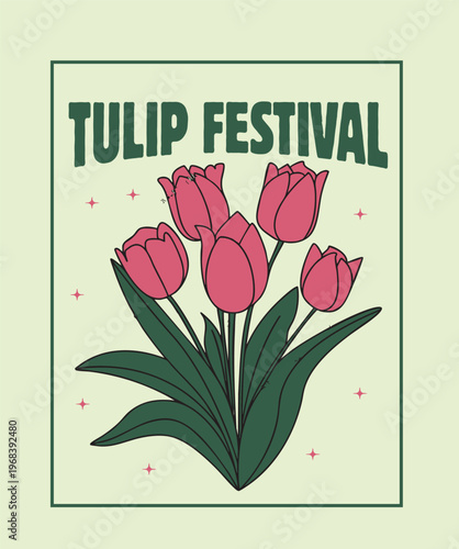 Vintage Style Tulip Festival Typography with Blooming Pink Flowers Illustration