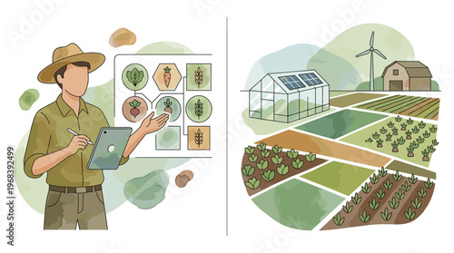 A modern farmer uses a digital tablet to manage crop data in a watercolor illustration, contrasted with a sustainable farm featuring a greenhouse and wind turbine.