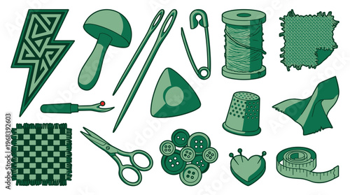 A detailed assortment of green-toned pixel art icons illustrates a complete set of sewing and tailoring tools on a clean, isolated white background for crafting.