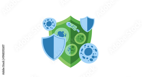 Blue shield protecting green cell structure. Vector Icon. EPS Editable