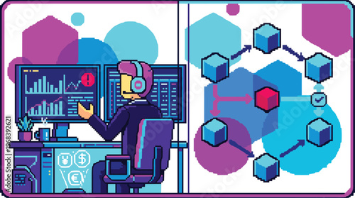 A vibrant pixel art diptych illustrates a financial trader analyzing data on multiple screens alongside a conceptual diagram of a blockchain network in neon pink and blue.
