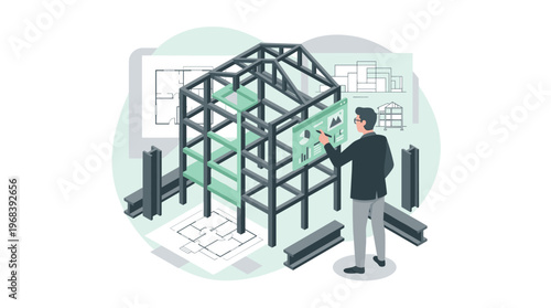 A meticulous male architect in a dark suit digitally manipulates a glowing green interface on a complex 3D steel frame model for a modern construction project.