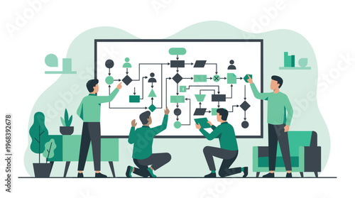 A collaborative team of professionals actively organizes a large, intricate flowchart on a whiteboard in a modern office setting with a vibrant green color palette.