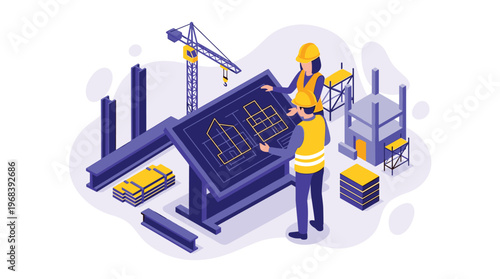 Two professional construction engineers in bright yellow safety vests and hard hats meticulously examine architectural blueprints on a vibrant purple construction site.
