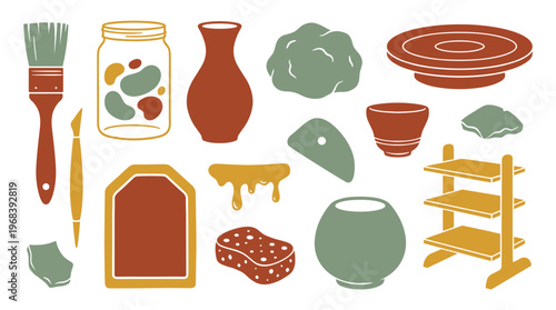 A charming collection of essential pottery and ceramics tools, including a potter's wheel and clay, is illustrated in an organic, hand-drawn style with earthy colors.