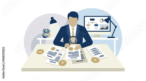 A meticulous auditor in a sharp blue suit carefully inspects financial documents with a magnifying glass in a modern office with a computer displaying charts.