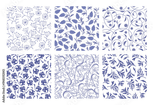 Seamless Vector Botanical Pattern Set Isolated On A White Background. Horizontally And Vertically Repeatable.