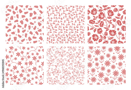 Seamless Vector Botanical Pattern Set Isolated On A White Background. Horizontally And Vertically Repeatable.