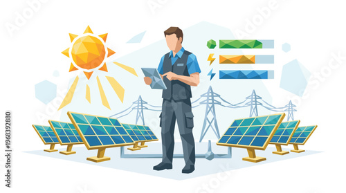 A dedicated technician uses a digital tablet to monitor energy output from a large solar panel farm under a bright sun, with power lines in the background.