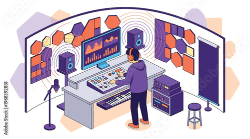 A focused sound engineer wearing headphones meticulously adjusts a complex mixing console in a professional recording studio surrounded by vibrant acoustic panels.