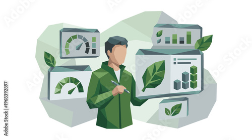 An environmental scientist in a green jacket analyzes ecological data on futuristic floating digital interfaces displaying leaf metrics and performance dashboards.