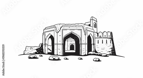 Ancient arched ruins with stone debris and a fortified tower