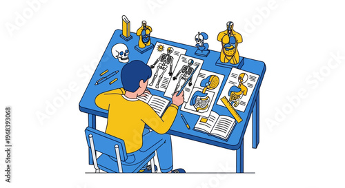 Man sitting at desk with papers. Vector Icon. EPS Editable
